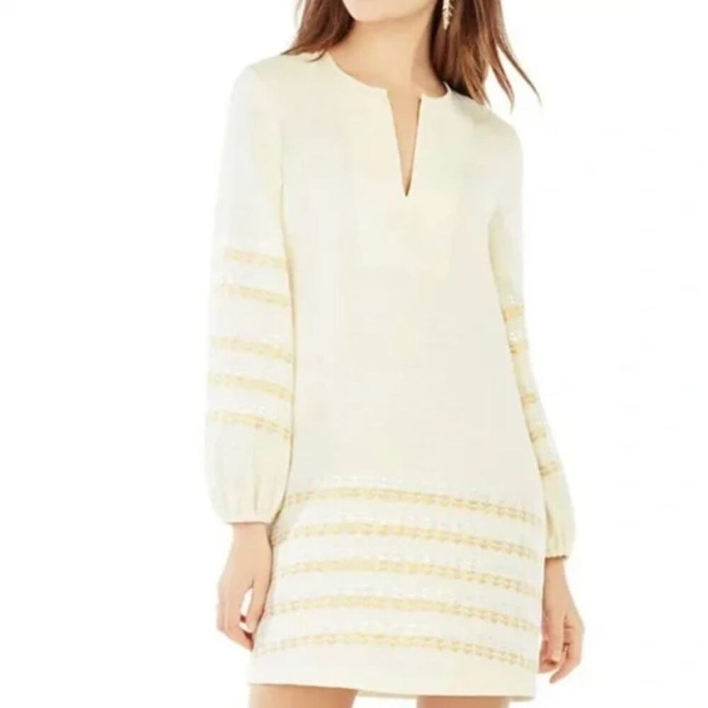 BCBGMAXAZRIA bcbg cream beige silver gold zigzag embroidered cotton tunic dress